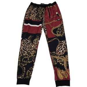 Reason Brand Leopard Chain Print Joggers M Baroque Red Gold Black Streetwear